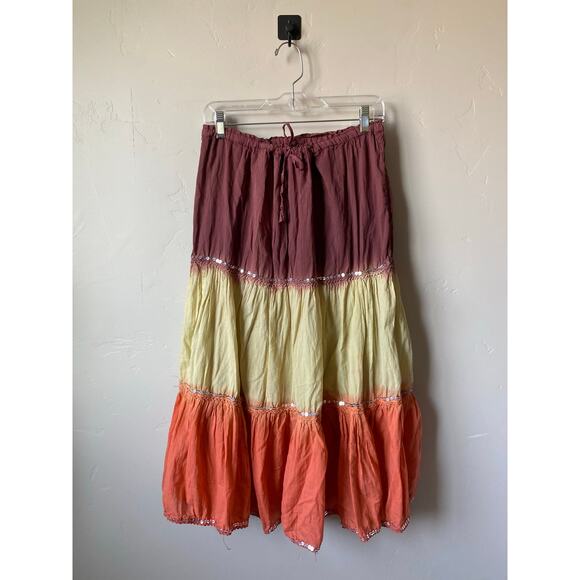 Kaaku Multicolor Ombre Gauzy 100% Cotton Sequence Tiered Boho Hippie Midi Skirt - Picture 4 of 6